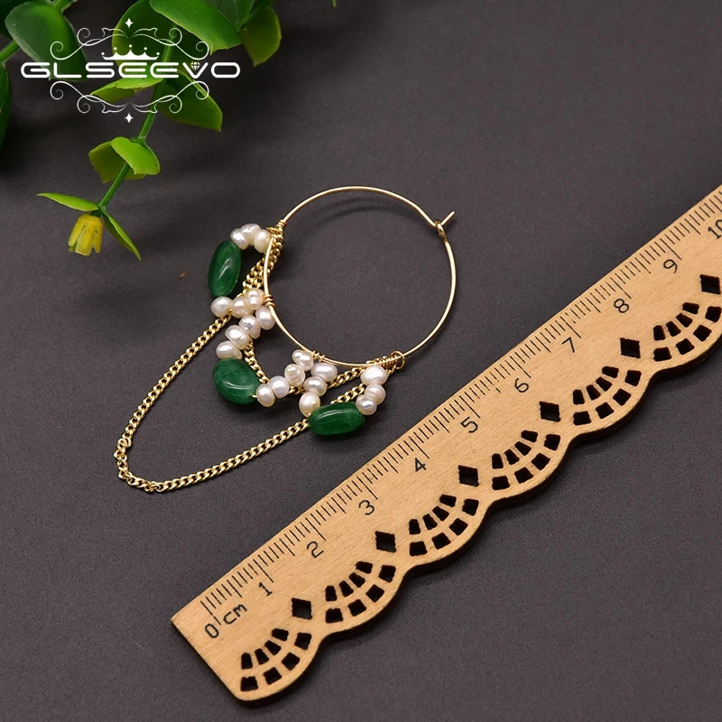

GLSEEVO Natural Freshwater Pearl Earrings For Woman Wedding Engagement Green Crystal Unusual Handmade Chain Jewelry GE1010A