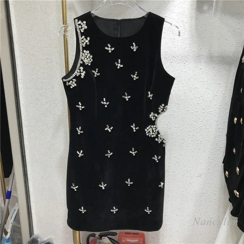 

Женское платье стразы с вышивкой бисером, осень 2021, новые черные сексуальные платья без рукавов на бедрах