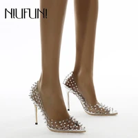 niufuni sexy rivets womens pumps shoes size 35 42 pointed toe pvc transparent stiletto clear high heels wedding shoes for women