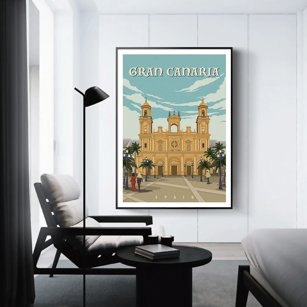 

Spain Gran Canaria Church Vintage Travel Poster Canvas Painting Wall Art Kraft Posters Coated Wallsticker Home Decor Gift
