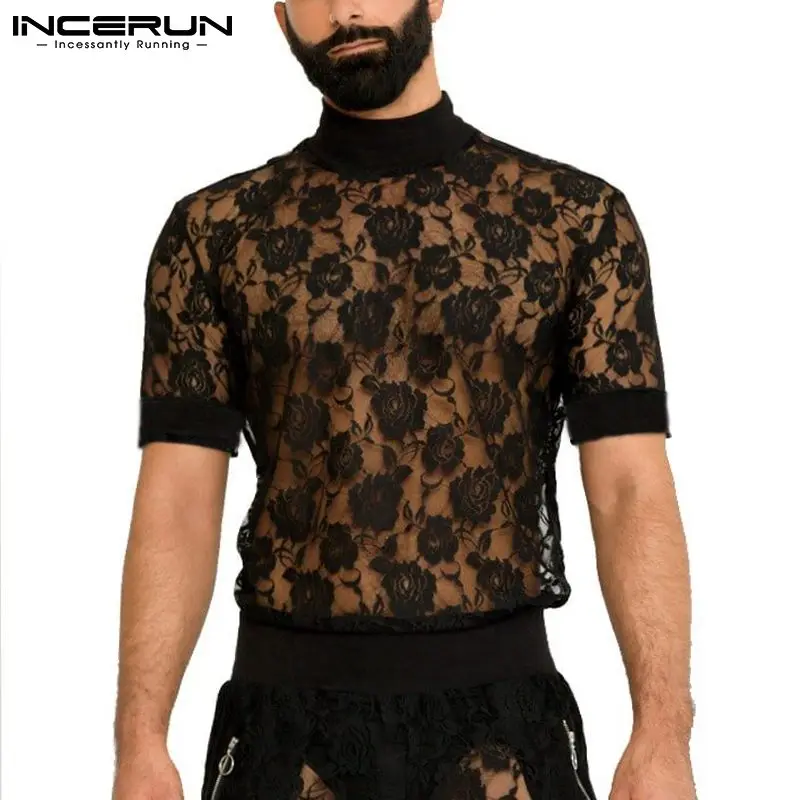 INCERUN-Camiseta de cuello alto para hombre, camisa informal de manga corta con encaje de malla