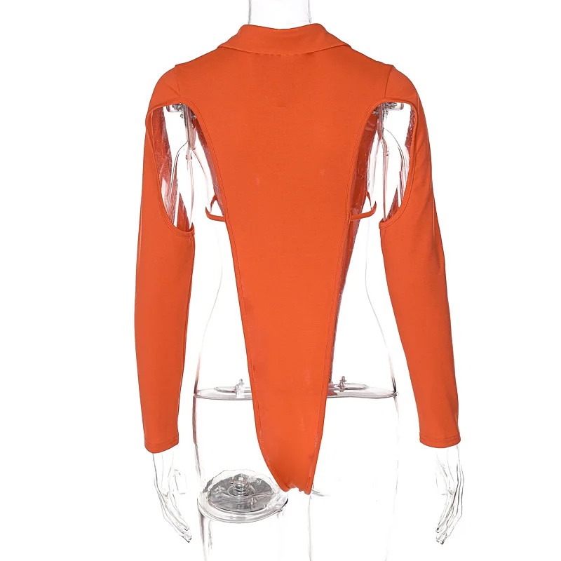

Hotvestita Women Sexy Side Hole Hollow Out Bodysuits Fashion POLO Collar Bodycon Long Sleeve Body Tops 2021 Party Club Jumpsuits