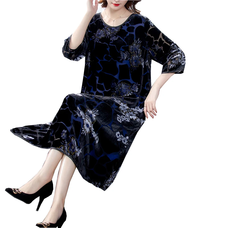 

Женское бархатное платье-миди с цветочным принтом, размеры до 5XL