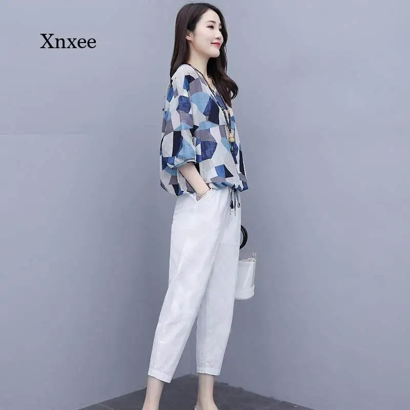 

2021 Summer Women's Fashion Printed Shirt Top and High Waist Pants Suit Office Ladies Casual Two-Piece Suit