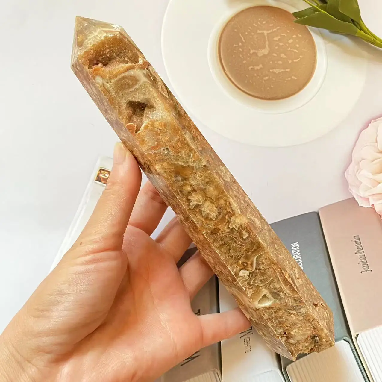 

Natural amber cherry blossom agate crystal quartz obelisk Reiki healing scepter energy home decoration room decoration