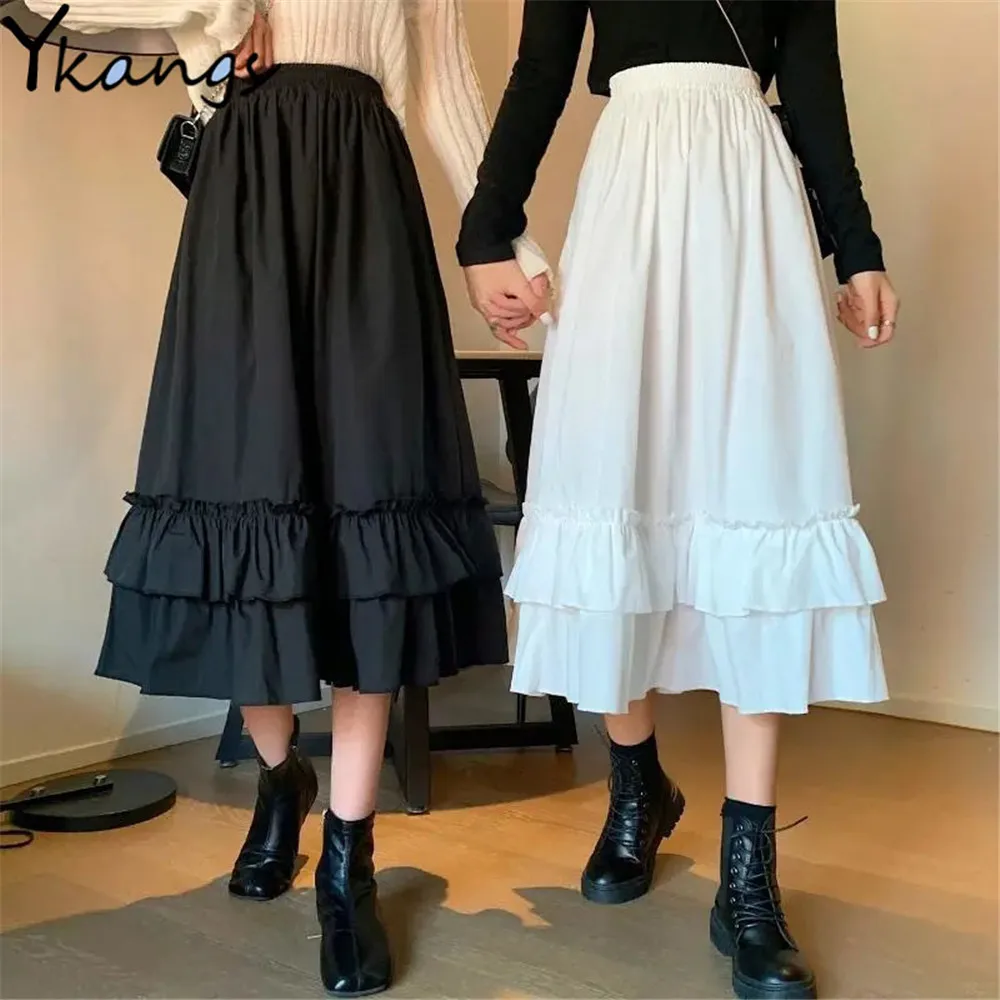 

Vintage High Waist Pleated Skirt Women Loose Casual Teens School Girls Frill Ruffles Patchwork Long Midi Black White Goth Skirts