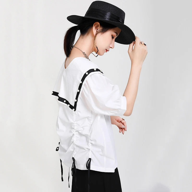 

Drawstring Lace Up Shirts Women Sailor Collar Short Sleeve Asymmetric Ruched Blouse Female Summer 2020 Casual Fashion P430