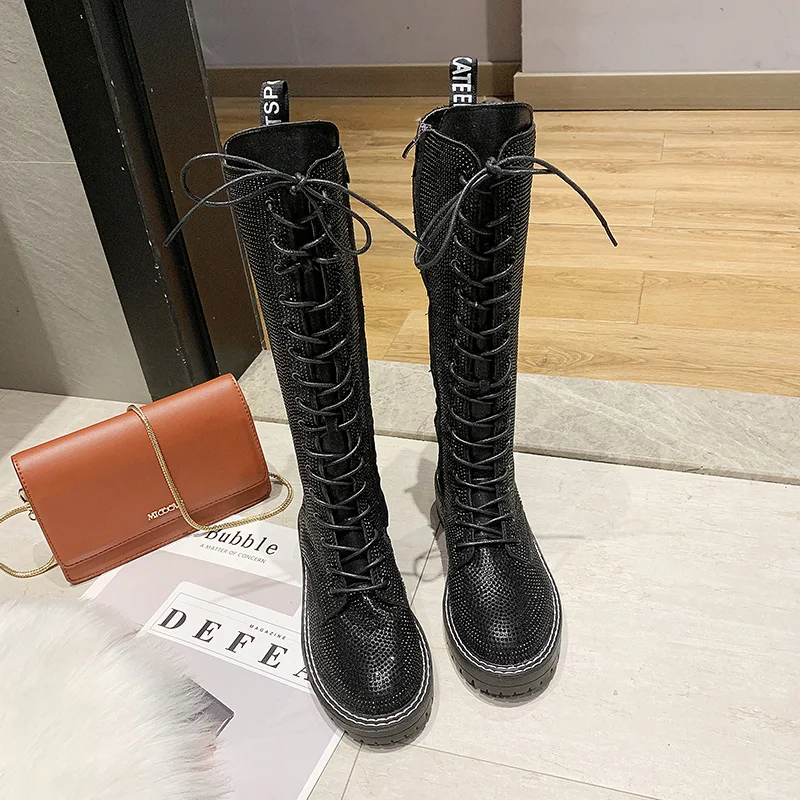 Fashion Sexy Women's Lace-Up Knees High Long Boots Bling Rhinestone Leather Platform Martin Boots Black Silver Zapatos Drop Ship - Цвет: Черный