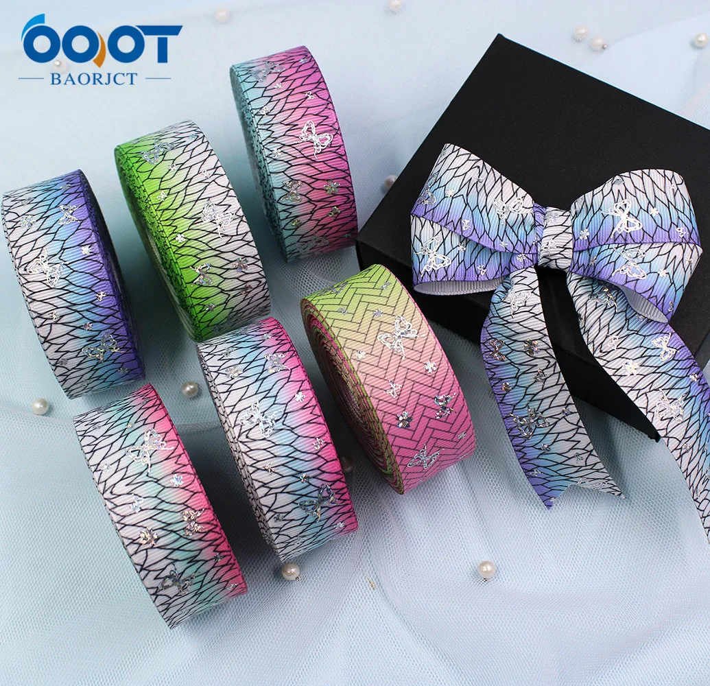 Цвет градиент лазерный Бабочка Grosgrain ленты 1 дюйм (25 мм) шириной 10 метров для