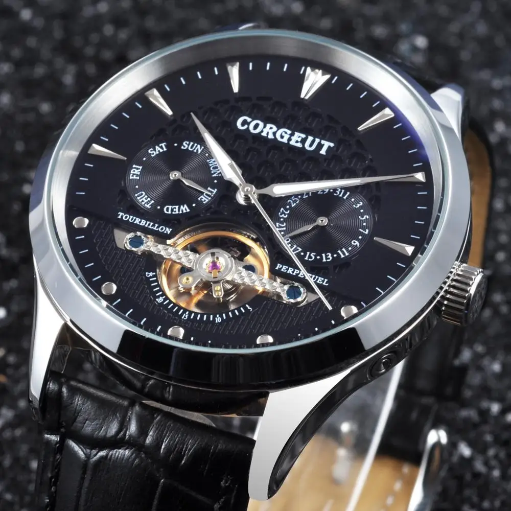 Corgeut 44 мм черный циферблат чехол из нержавеющей стали кожаный ремешок Дата