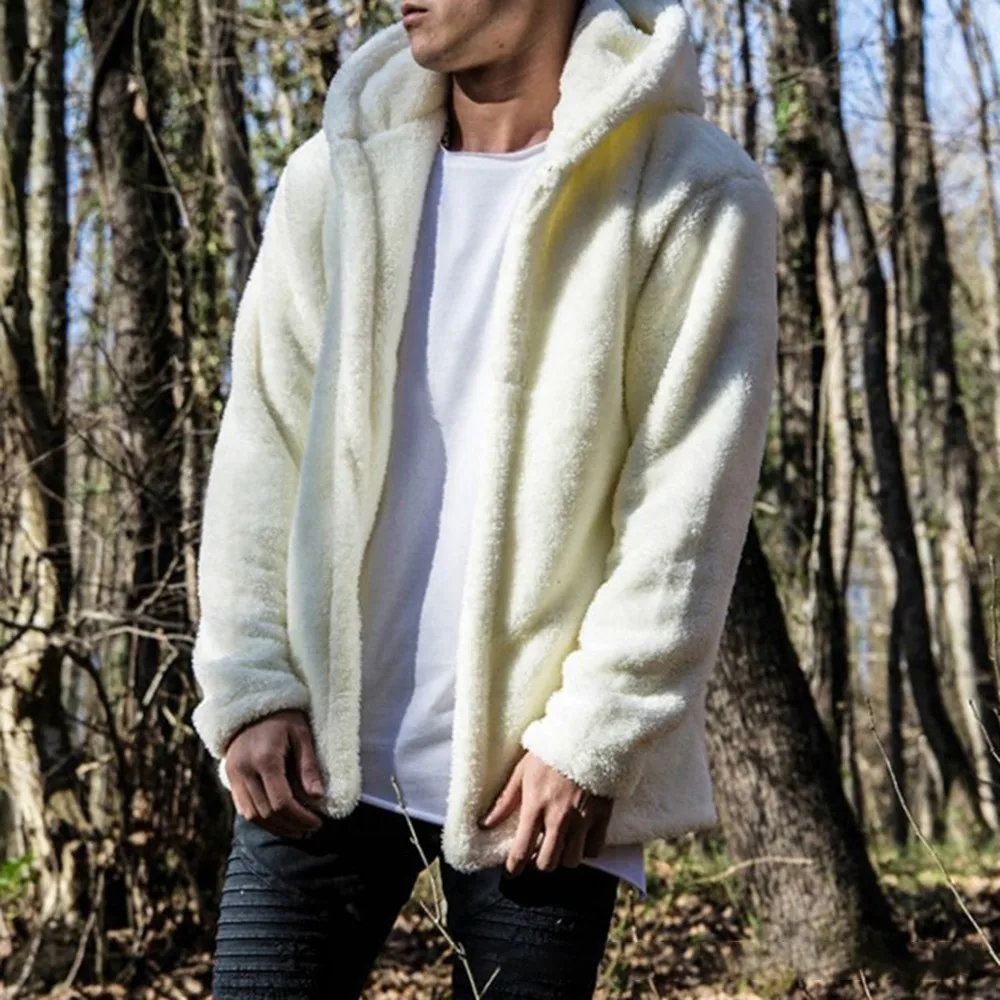 Oversize Fashion Men Fluffy Plush Faux Lamb Wool Hooded Coat Jacket Plush Casual Solid Warm Coat Autumn Winter Cardigan Outwear