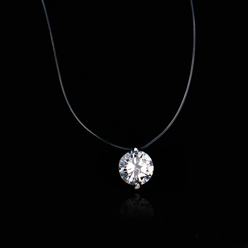 White Gold Корейский женский серебряный круглый циркониевый кулон ожерелья Невидимый Прозрачный рыболовный проволочный чокер ювелирные изделия подарок - Окраска металла: White Gold