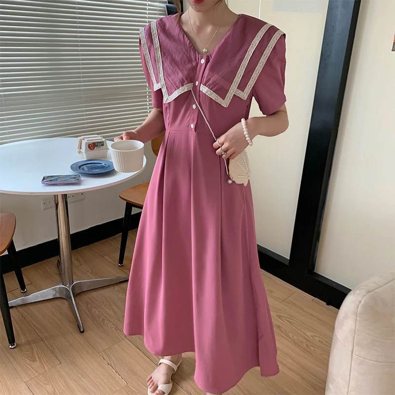 

Japanese Elegant Sweet Fresh Kawaii Slim Women Dress 2020 Summer Cute Sailor Collar Lady Lace Splice Robe Dress Female Vestidos