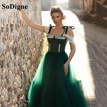 Sodigne tule verde vestido de baile fora do ombro com cinto feminino simples formal festa vestido de chá comprimento vestidos de noite (4)