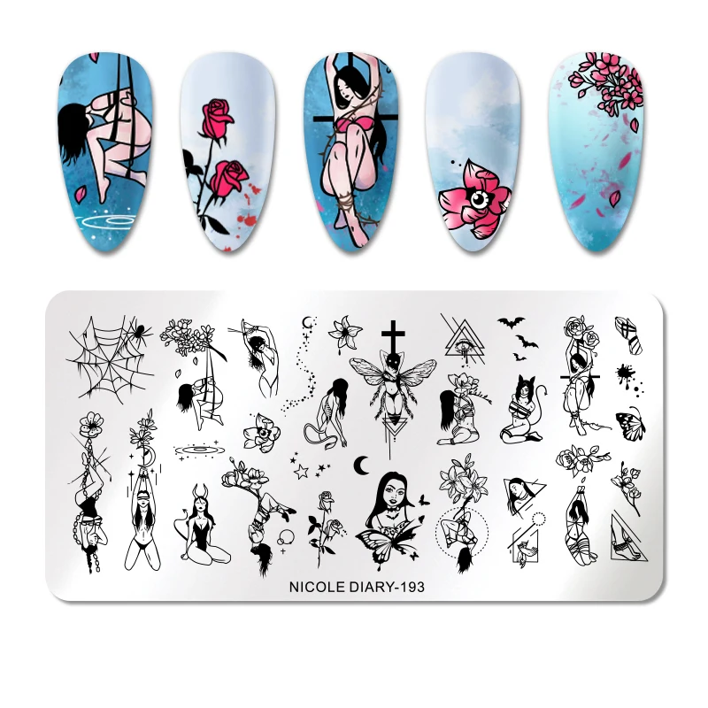 Трафареты NICOLE DIARY для стемпинга ногтей на Хэллоуин с изображением тыквы цветов