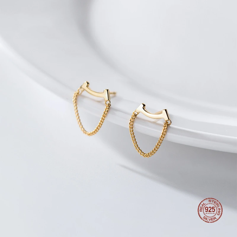 

LKO Настоящее серебро 925 пробы серьги-гвоздики с улыбкой модные серьги-гвоздики с дугой и цепочкой для женщин вечерние ювелирные изделия шпил...