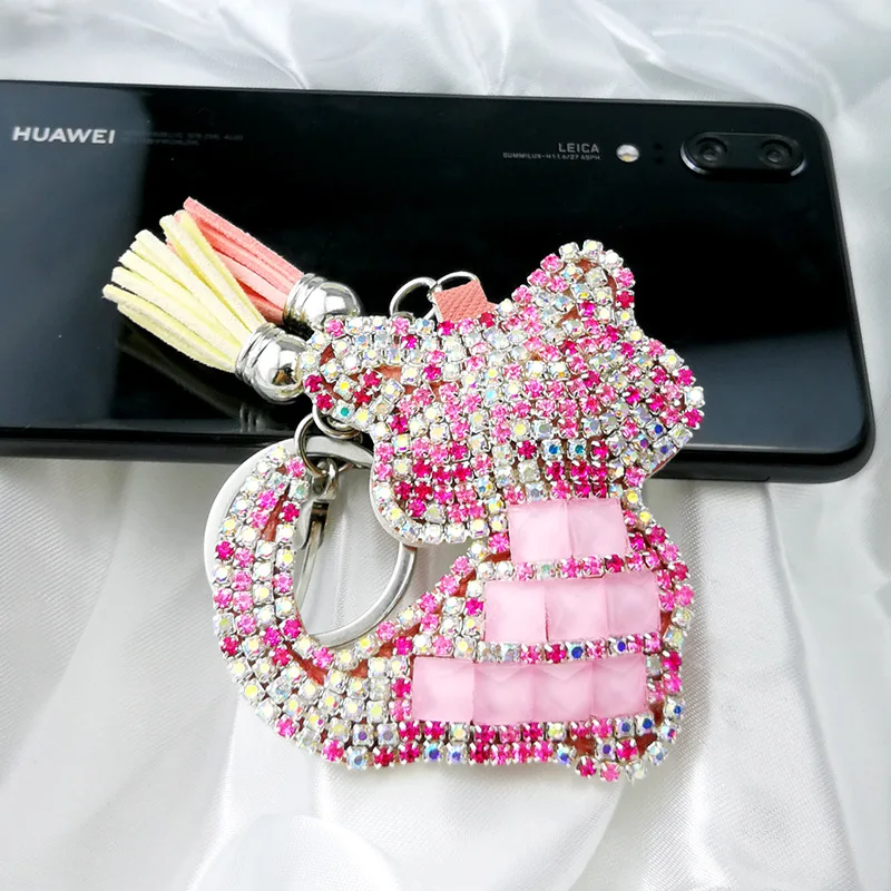 

Милый мультяшный брелок для ключей с бриллиантовым кристаллом в виде кошки автомобиля из искусственной кожи с кисточкой женский брелок для...