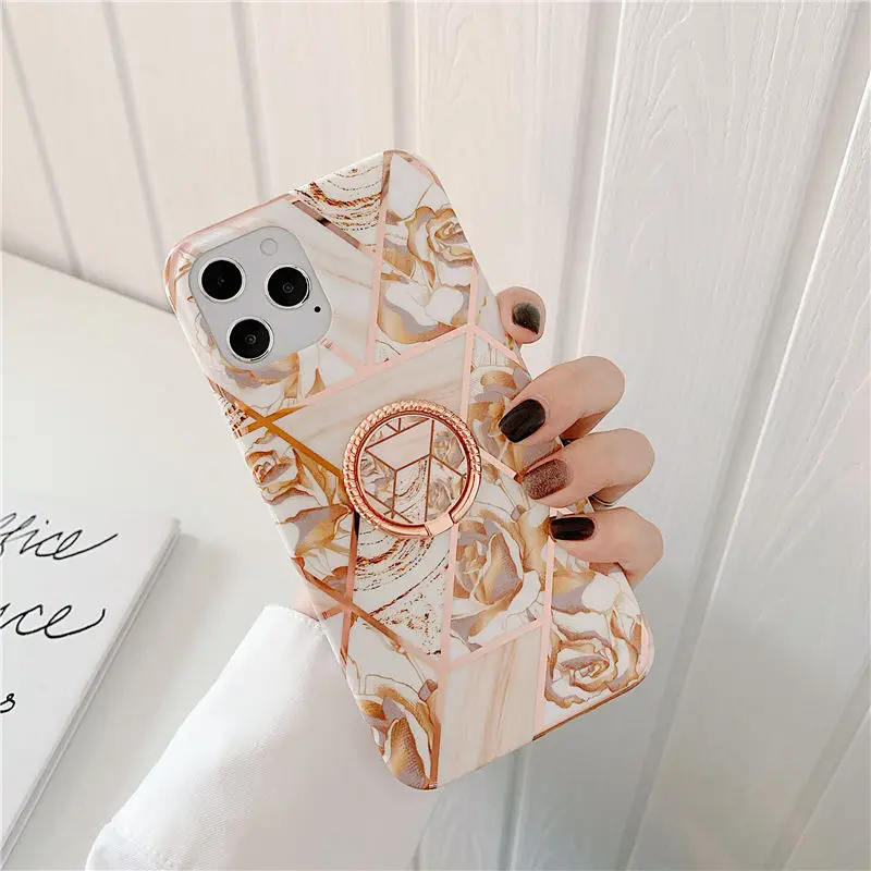 

Plating Diamond Splicing Flower Ring Bracket Holder Marble Phone Case for Iphone 11 Pro Max XS XR Case Cover Silicone Back Shell