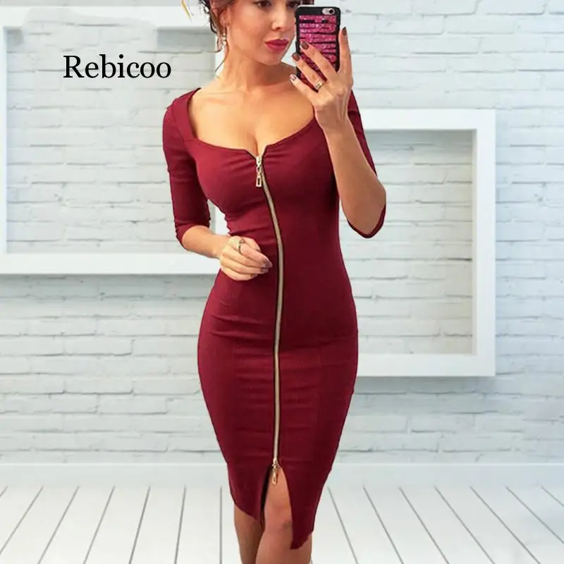 

Women Sexy Club Low Cut Bodycon Dress Red Velvet Sheath Casual Autumn Winter Zipper Fashion Black Pure Dresses