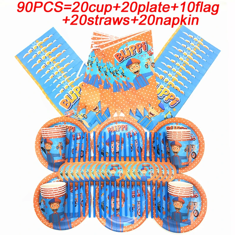 

Blippi Party Supplies Plate Cup Napkin Straws Disposable Tableware Set Kids Birthday Party Decorations Banner/Flags Baby Shower