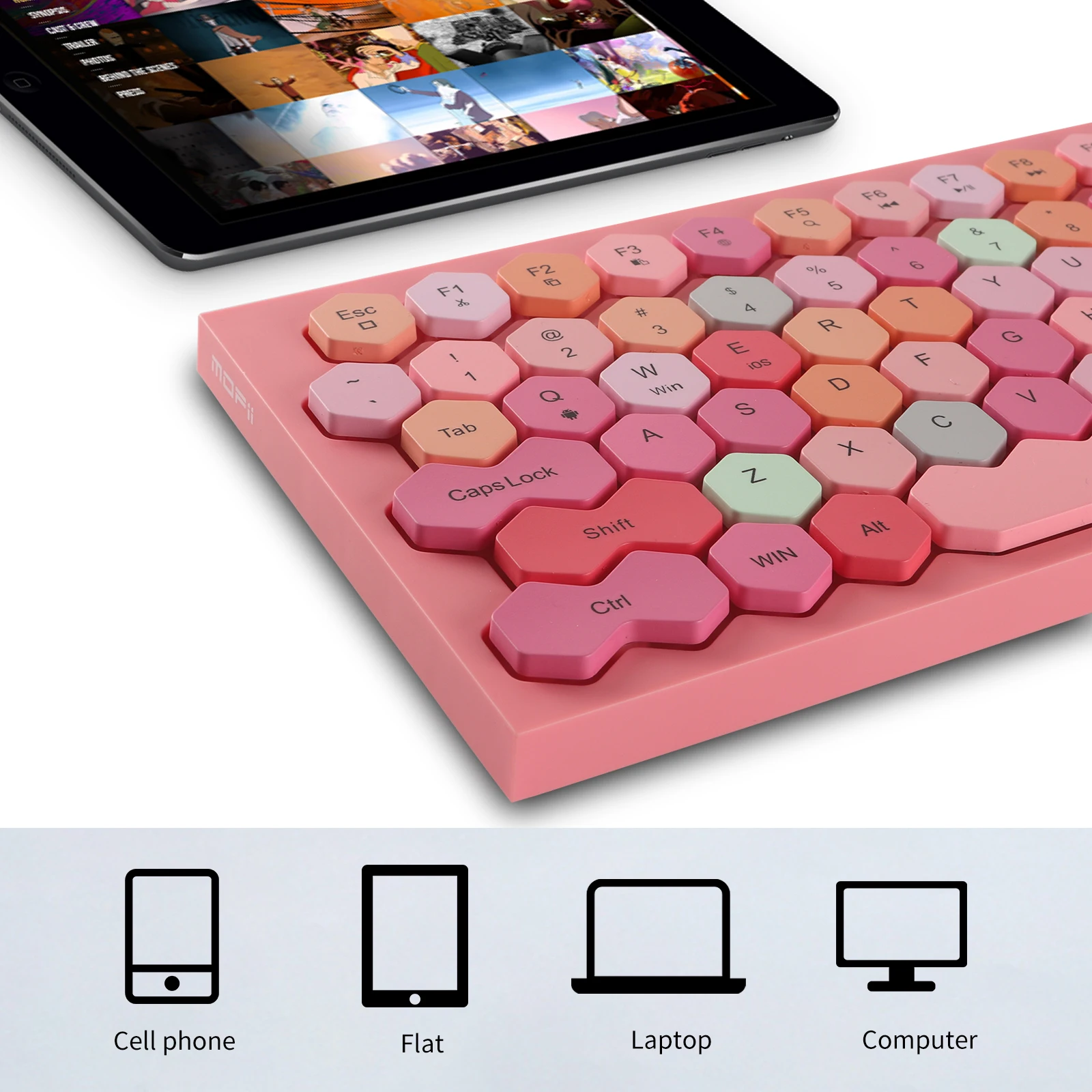 Модная Bluetooth клавиатура эргономичная беспроводная 83 Keycaps розовая BT Офисная