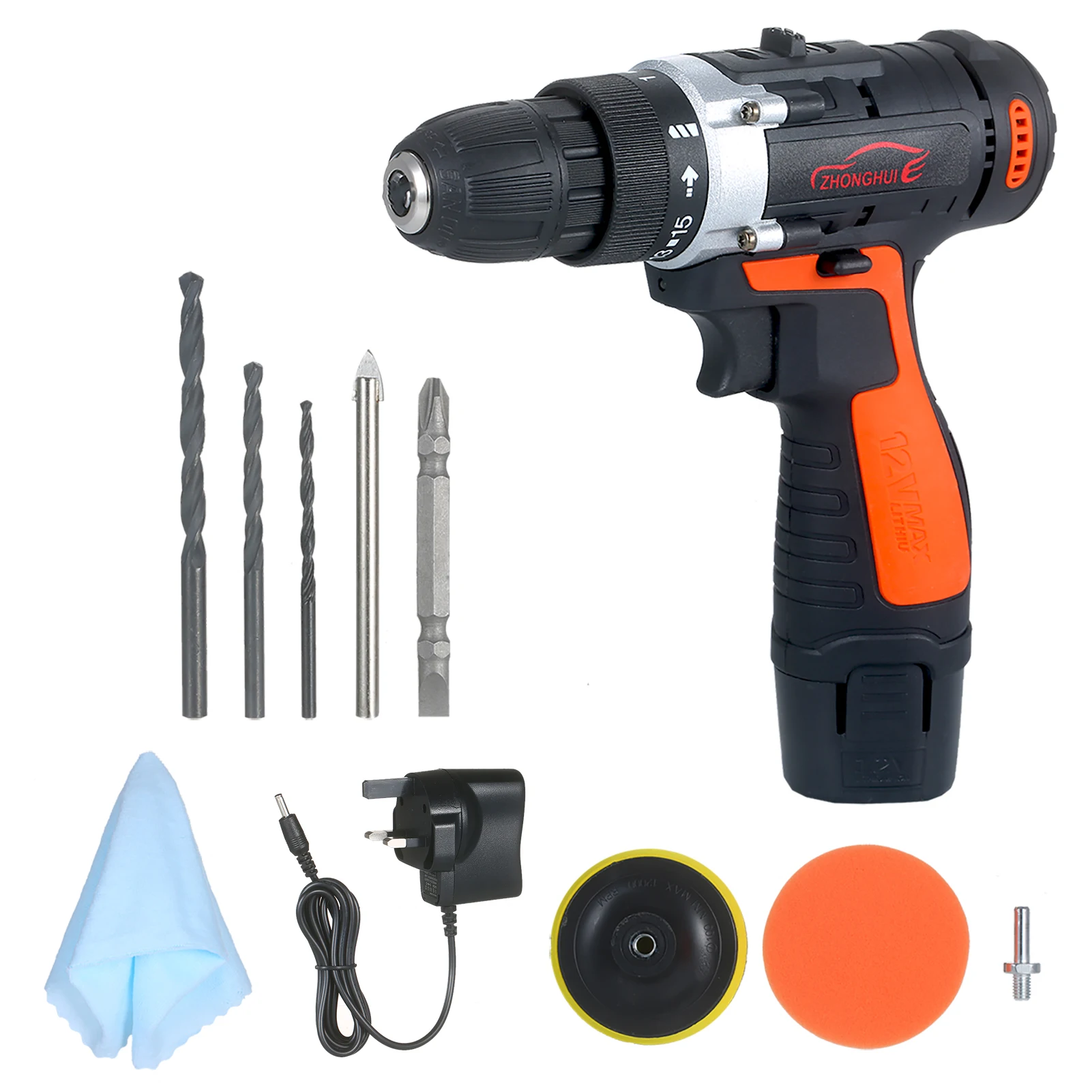 

12V Cordless Drill / Driver Kit 1400rpm Polisher Car Buffer Waxer Set Power Screwdriver with 5 Bits and 1 Wool Polishing Pad