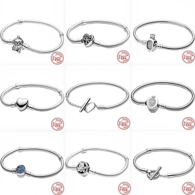 

Charms 925 Sterling Silver Bracelet Heart T-Bar Cuff Chain Sparkling Blue Disc Clasp Snake Chain Bracelet Women DIY Jewelry Gift