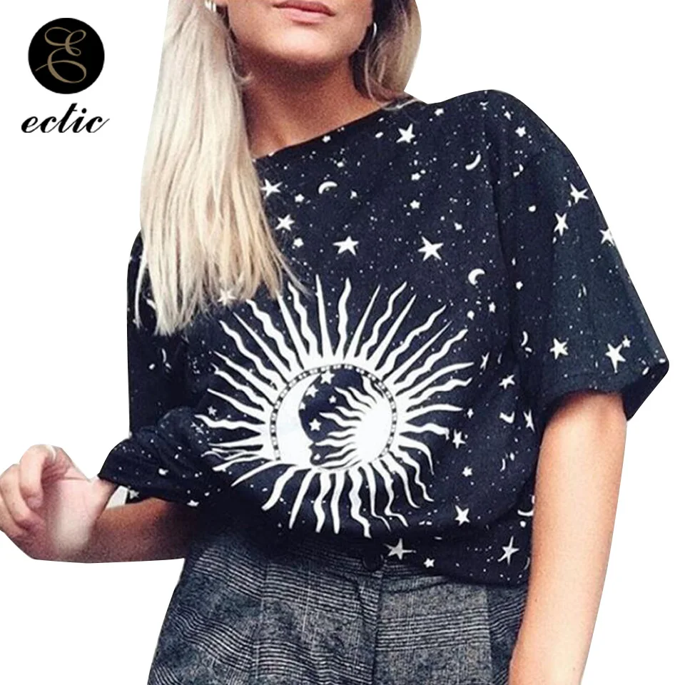 Звездная Ночь Небо Принт Футболка Луна Солнце Галактика Одежда Стреч Оверсайз