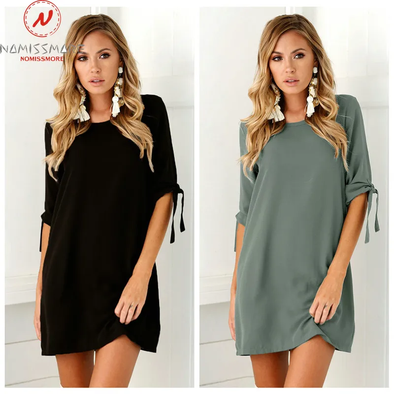 Женское свободное платье с круглым вырезом повседневное однотонное мини