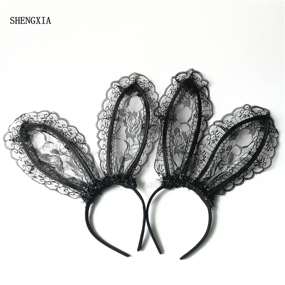 

Пасхальные женский кроличьи уши обруч для волос очарование аксессуары в черном Водорастворимая Кружева для девочек новая мода праздник ...