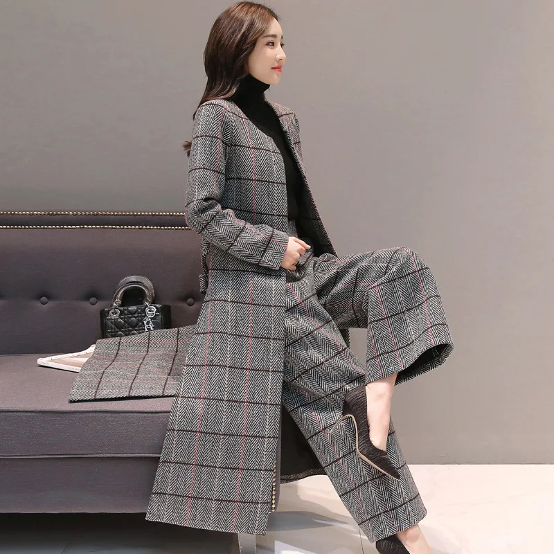 Женские комплекты шерстяной клетчатый брючный костюм с широкими штанинами