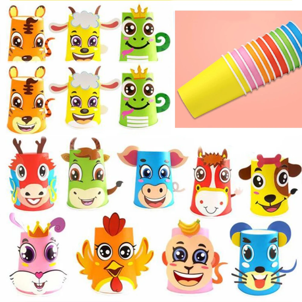 

3D Children Paper Animal Shape Cups Art Craft Whole Set Sticker Material Kit DIY Handmade Paper Cups Art Craft Educational Toys