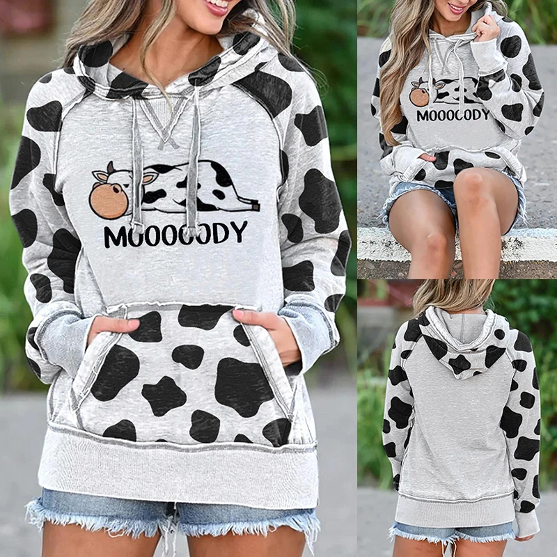 

Ladies Cute Cow Elements Printed Sweatshirt Long Sleeve Casual Hoodie Women LXH