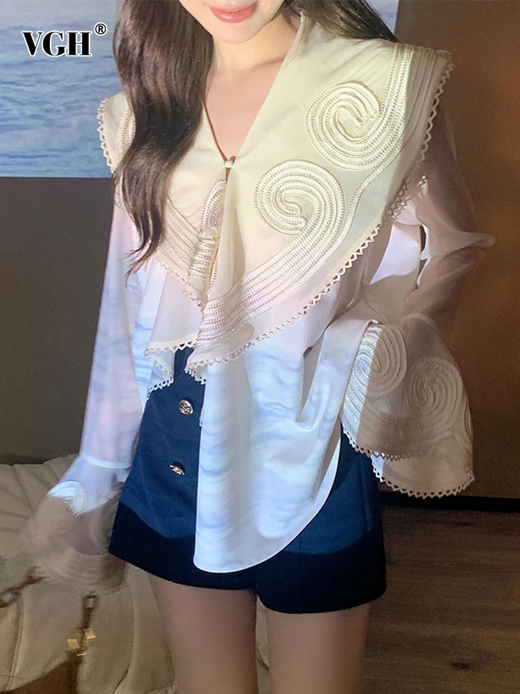 

VGH Casual Shirt For Women V Neck Long Sleeve Loose Straight Irregular Hem Button Through Blouse Female Korean Fashion 2021 New