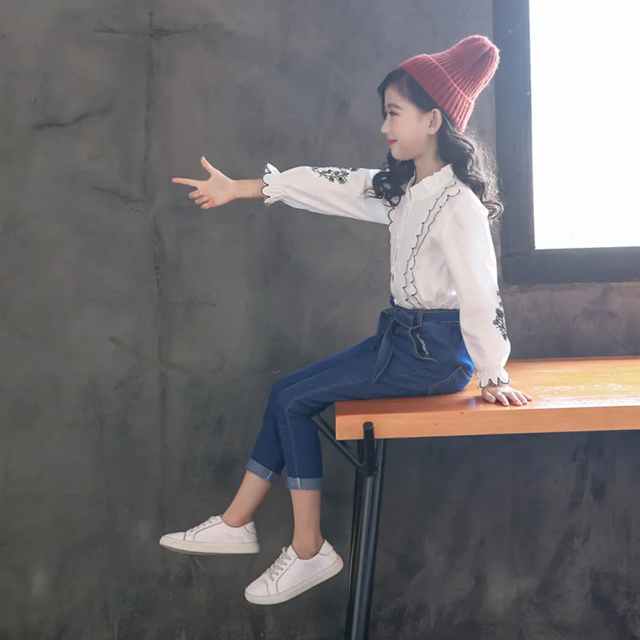 Джинсы для девочек модные джинсы с бантом на поясе детские высокой талией