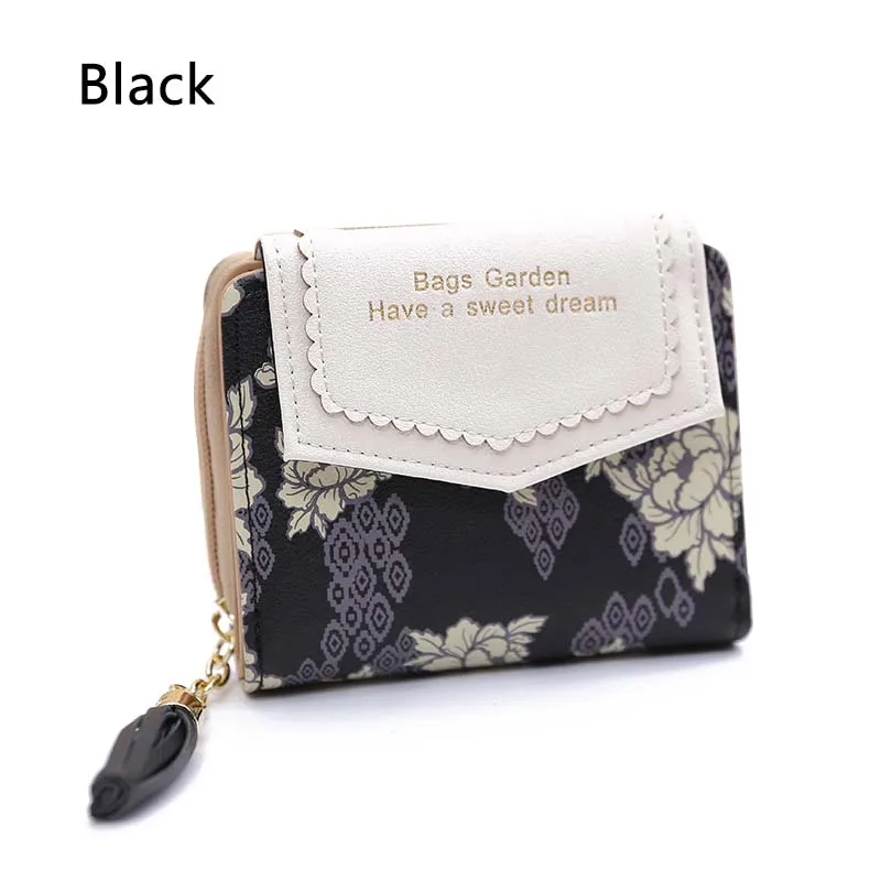 Портативная женская короткая Милая мини-сумка для денег на молнии с кисточками, клатч, Дамский кожаный складной держатель, держатель для карт, маленький кошелек, кошелек - Цвет: Черный