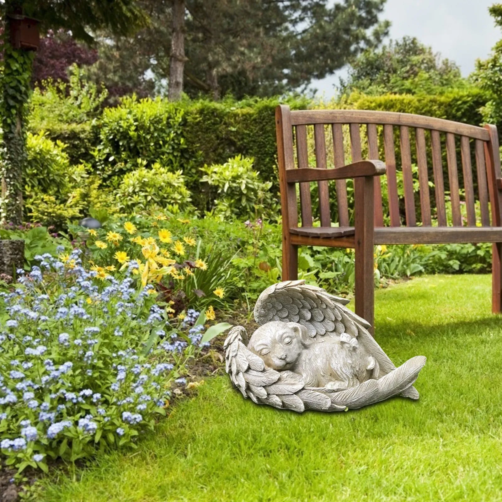 

Pet Resin Garden Statue Dog Cat Sleeping Sculpture Angel Wings Ornament Memory Of Friend Figurines Home Decoration