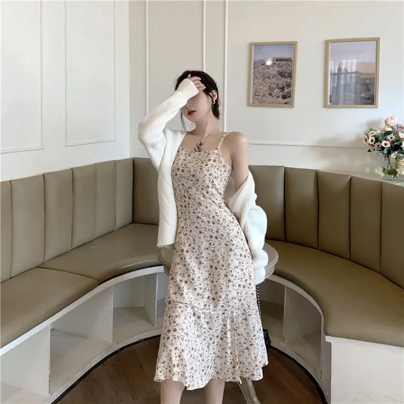 

HOUZHOU Floral Dresses Sexy Summer Bare Shoulder Slip Long Dress Loose Waist Beach Style Elegant Sundresses Women