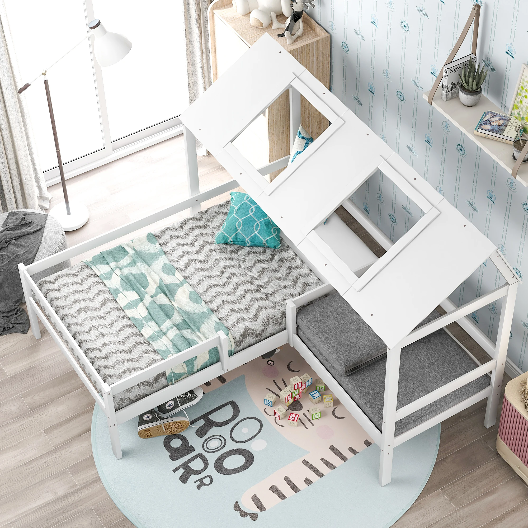 

Hot Sale Twin Size House Bed with Relax Seat and Included Free Cushions House-Shaped Bed for Kids Children