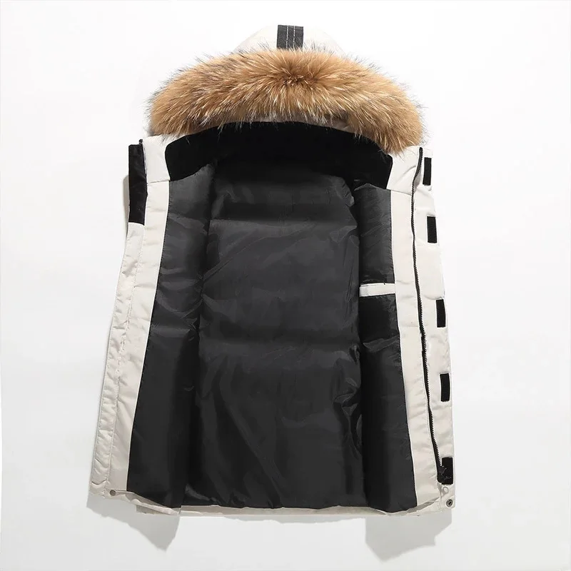 

Warm White Duck Down Parka Mens Winter Jacket -30 Degree Multi-pocket Hooded Jacket Male Casual Fur Trim Men's Mid-length Coat