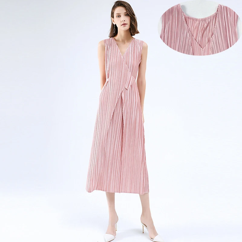 

POPOLLE2021 New Ladies Pleated Sleeveless Long Skirt Summer Original Design Stitching Long Pink Lace Light Feeling Dress Women