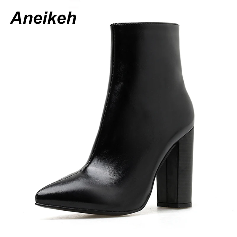 Aneikeh 2021 New Spring/Autumn Fashion PU Chelsea Ankle Boots Pointed Toe Zip Women's Party Thick Heel Shallow black 35-40 | Обувь