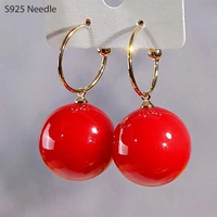 real 925 sterling silver needle hoop earrings for women jewelry gold red pearl wedding party female round ball earrings