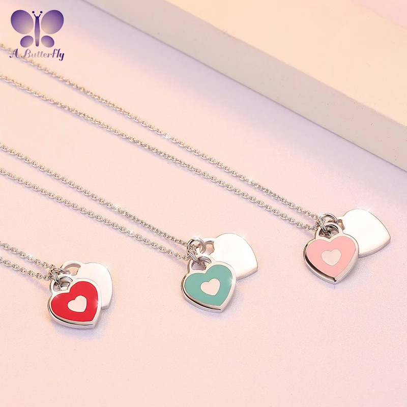 Ожерелье с двойным сердцем из серебра 925 пробы бабочкой милое ожерелье для