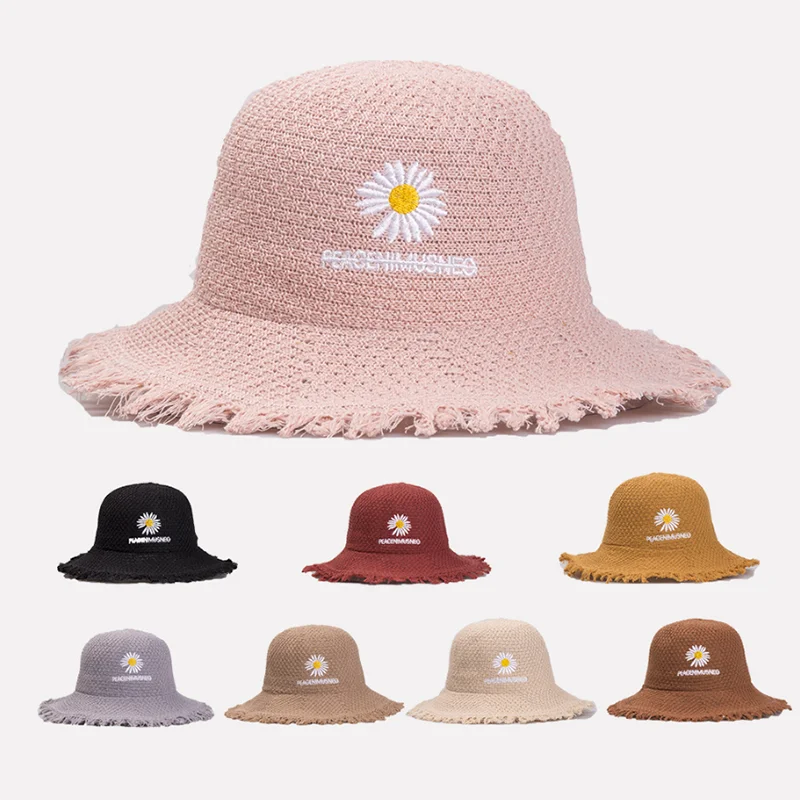 

Daisy Collapsible Tassel Hat Basin Cap Female Summer Sun Folding Knit Hat Outdoor Travel Sun Visor Adjustable Fashion fisherman