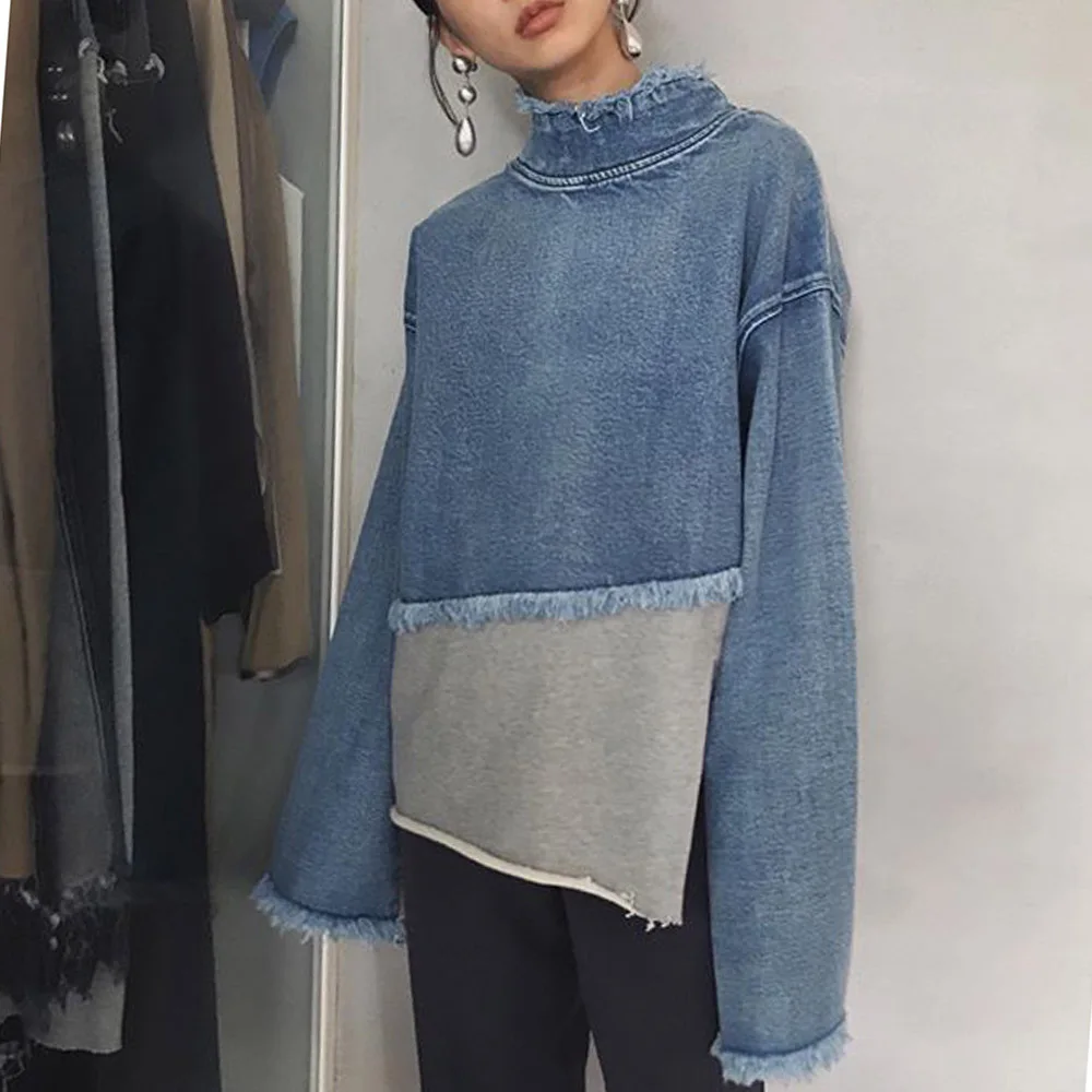Женский джинсовый свитер с длинным рукавом свободный синий пуловер в стиле