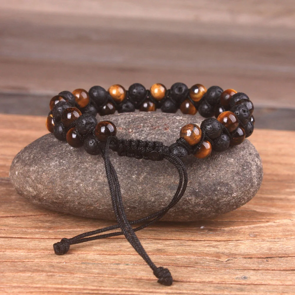 Браслет-манжета мужской из лавового камня и Тигрового Глаза | Украшения