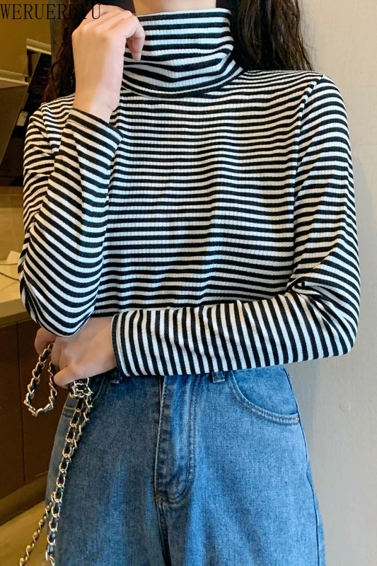 

WERUERUYU Fashion Black White Striped Women Long Sleeve T-shirt Turtleneck Female T-shirt Summer Elegant Loose Casual