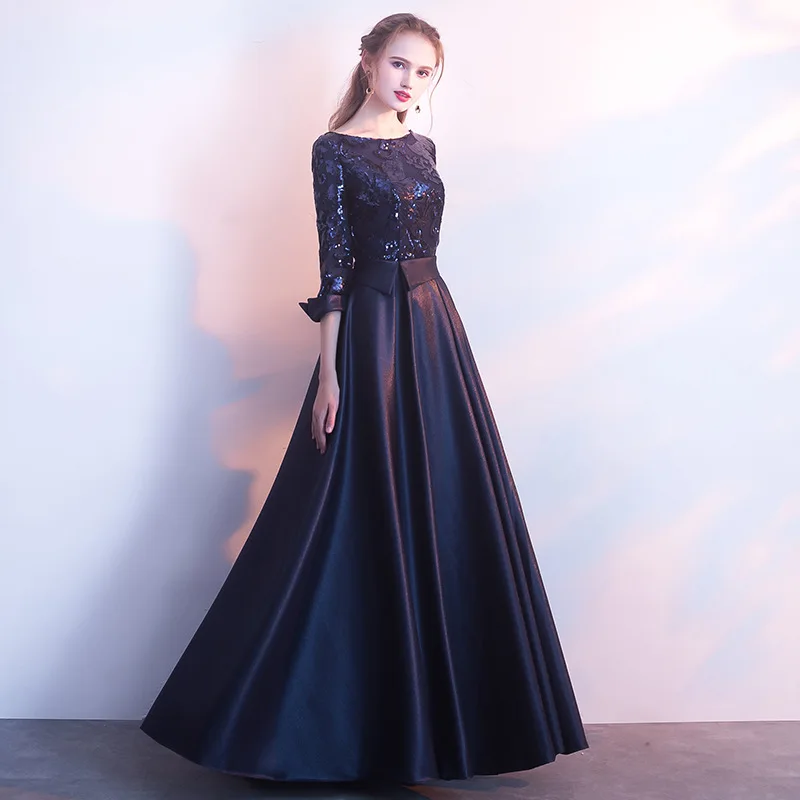 

Women's O neck long sleeve sequined soft satin evening party dress gold pretty long formal prom wedding party dresses