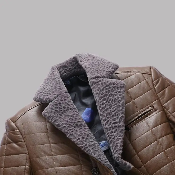 

Business HOT new Mens Winter Casual Warm Solid color lattice Lapel High imitation sheepsk coat Men Slim fur one leather jacket